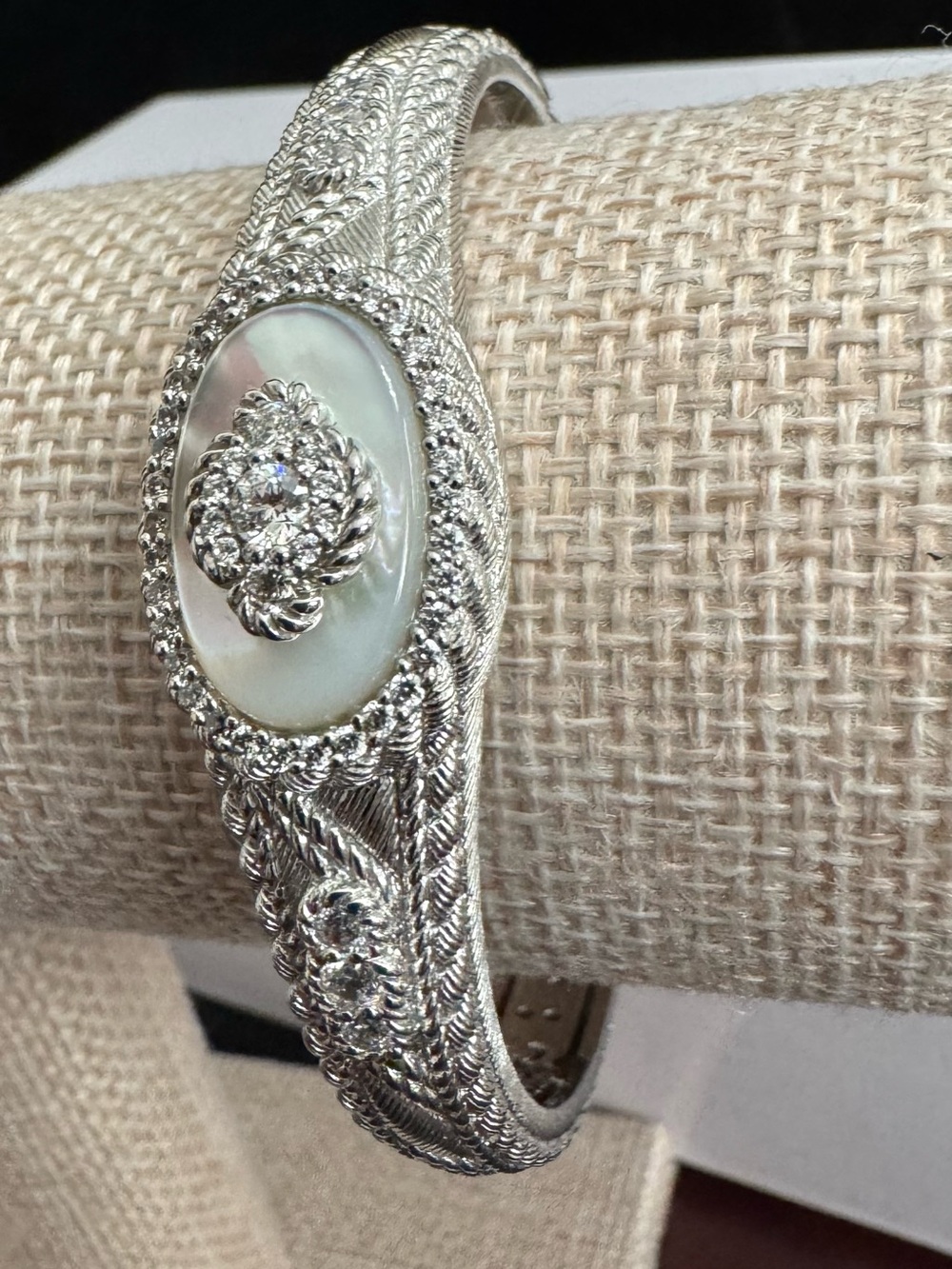 Judith Ripka 925 Silver Mother-of-Pearl Cuff Bracelet Diamonique Crystal Accents